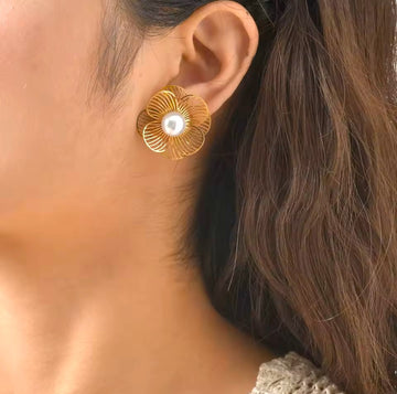 Gold Filigree Flower & Pearl Stud Earrings