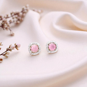 Elegant Pink Gemstone Stud Earrings with Sparkling Halo for Women