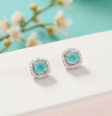 Elegant Cushion-Cut Green Gemstone Stud Earrings with Sparkling Halo for Women - Prestalla