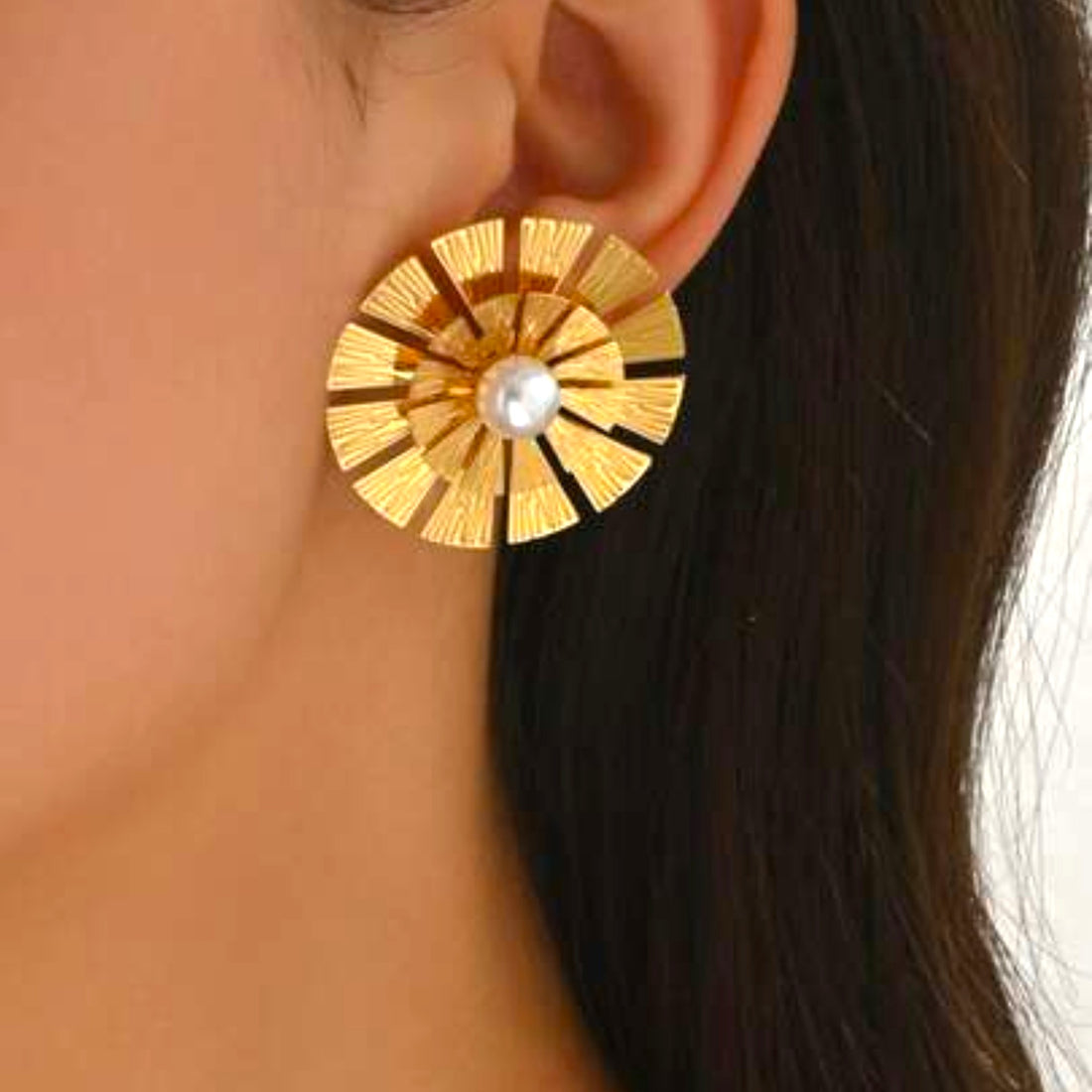 Gold Sunburst Pearl Statement Earrings