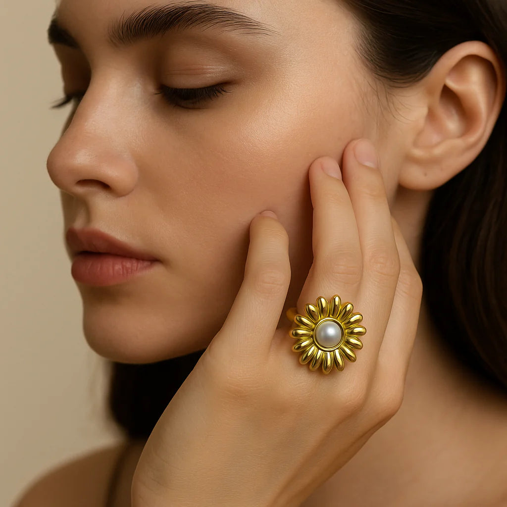 Gold Daisy Flower & Pearl Statement Ring