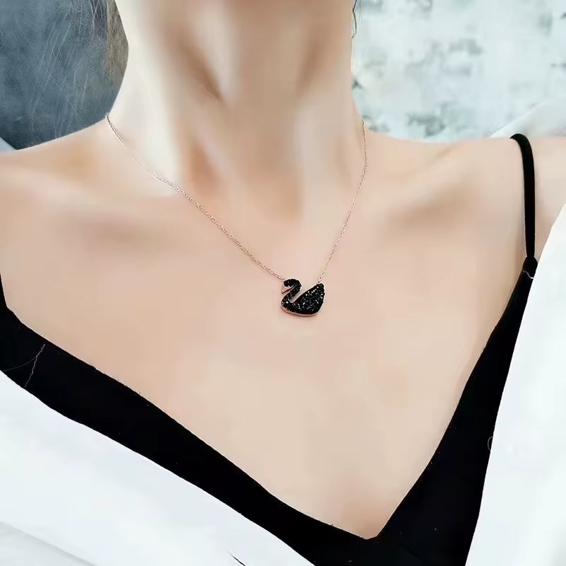 Gold Necklace with Black Crystal Swan Pendant