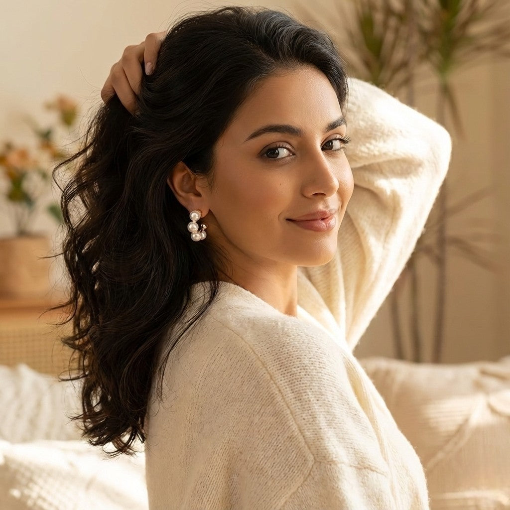 Gold & Pearl C-Hoop Stud Earrings