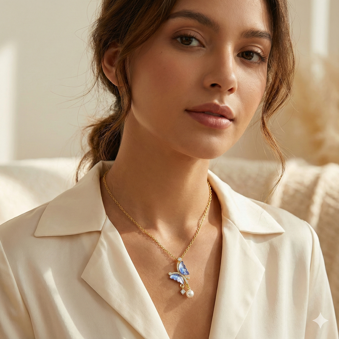 Lavender Butterfly Necklace with Pearl Drop