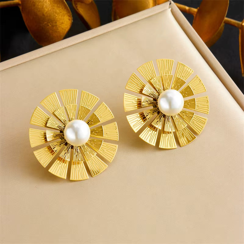 Gold Sunburst Pearl Statement Earrings