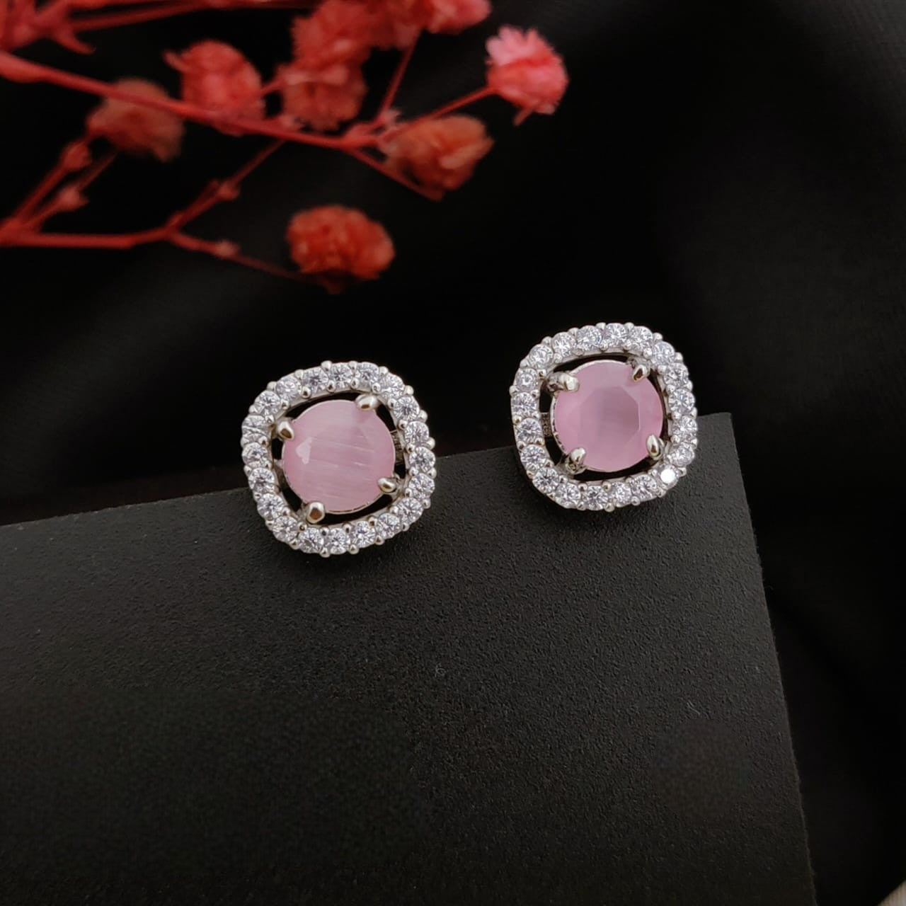 Elegant Pink Gemstone Stud Earrings with Sparkling Halo for Women