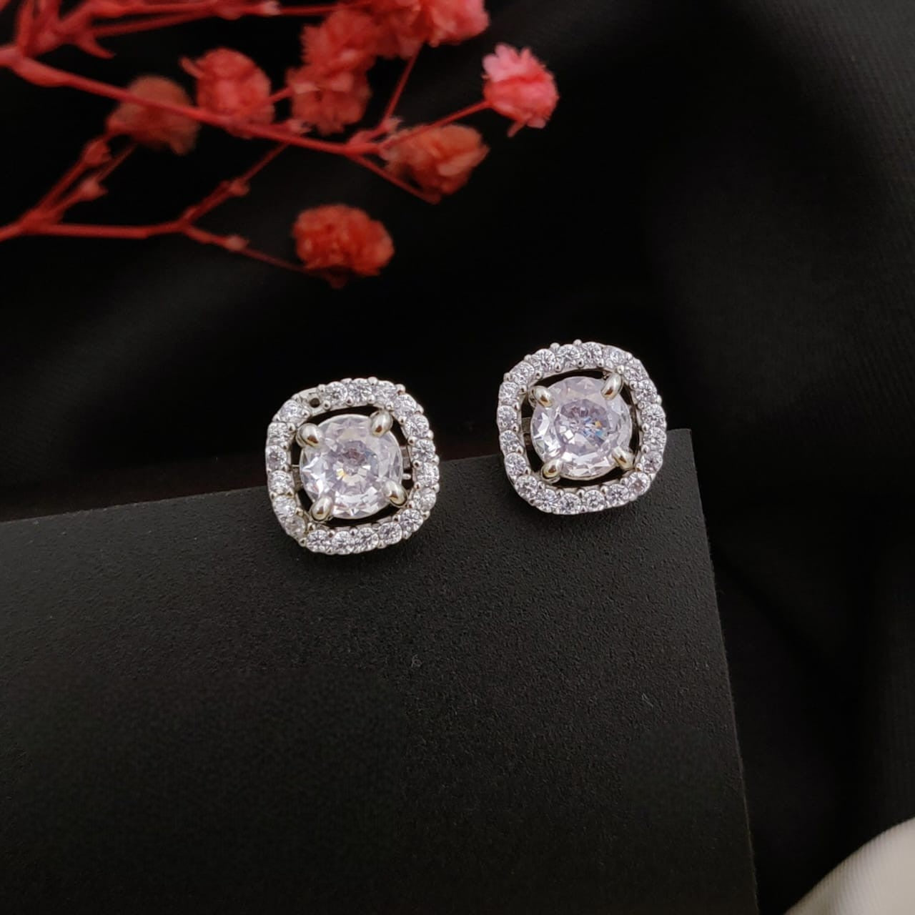 Elegant Square Halo Stud Earrings with Sparkling Stones for Women