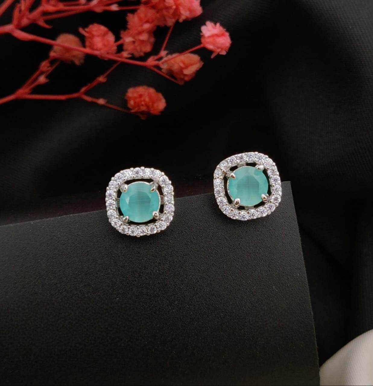 Elegant Cushion-Cut Green Gemstone Stud Earrings with Sparkling Halo for Women - Prestalla