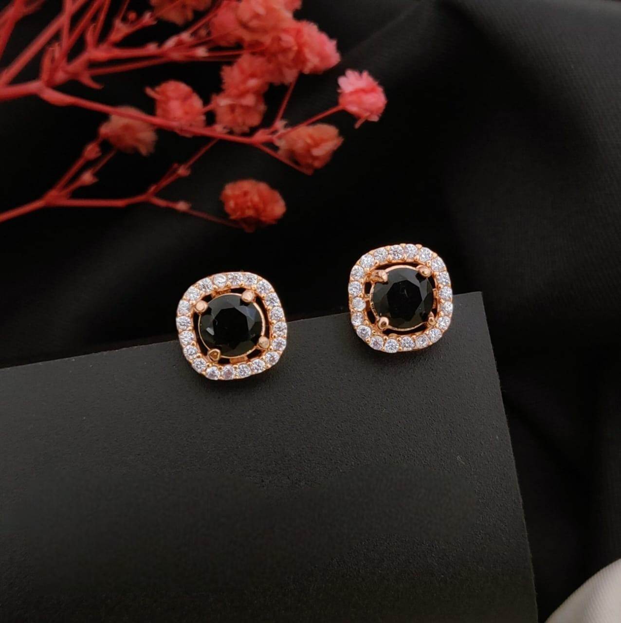 Elegant Black Stone Gold-Plated Halo Stud Earrings for Women - Prestalla