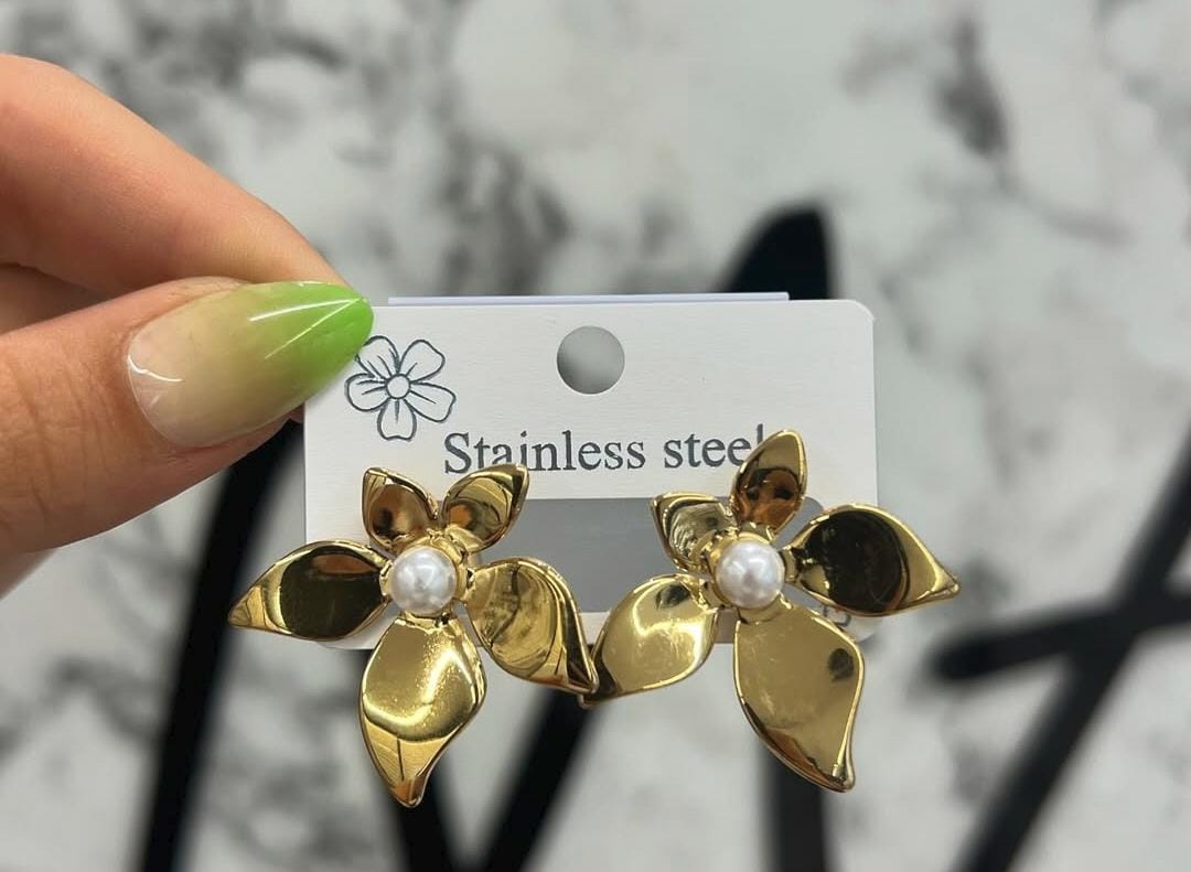Gold & Pearl Flower Stud Earrings