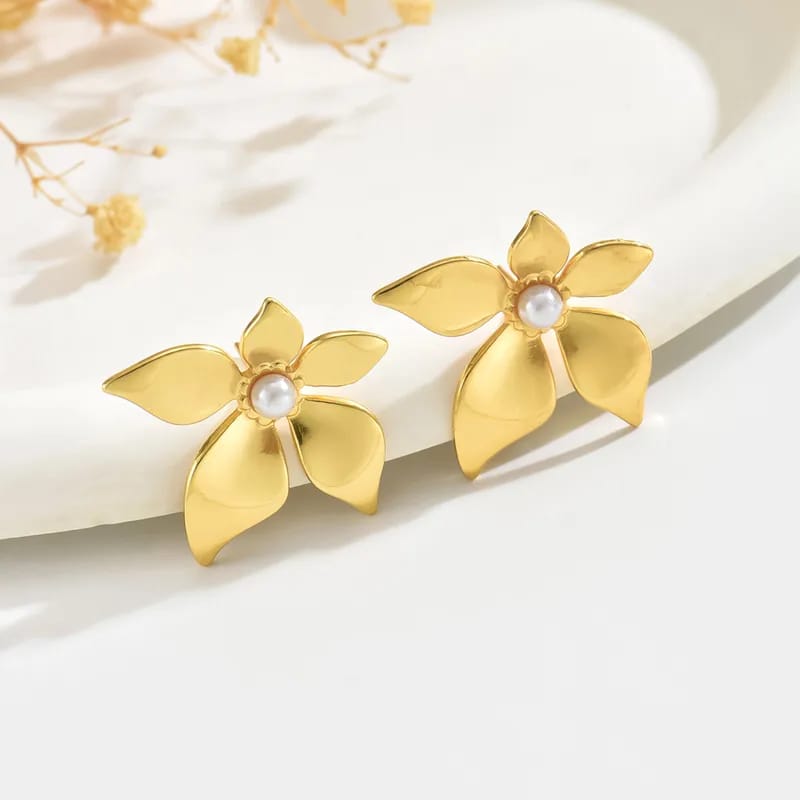 Gold & Pearl Flower Stud Earrings