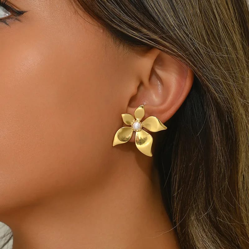 Gold & Pearl Flower Stud Earrings