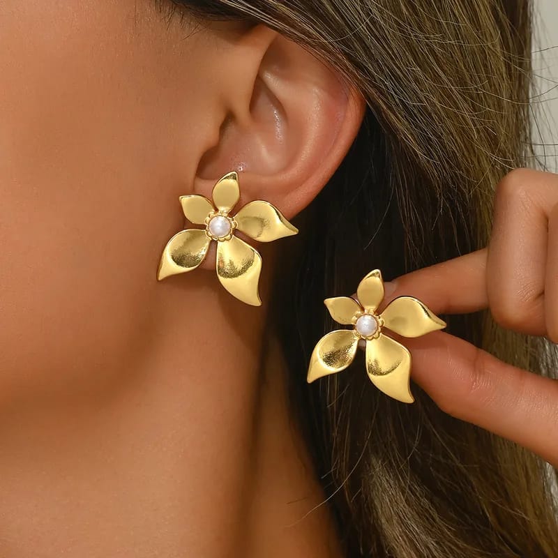 Gold & Pearl Flower Stud Earrings