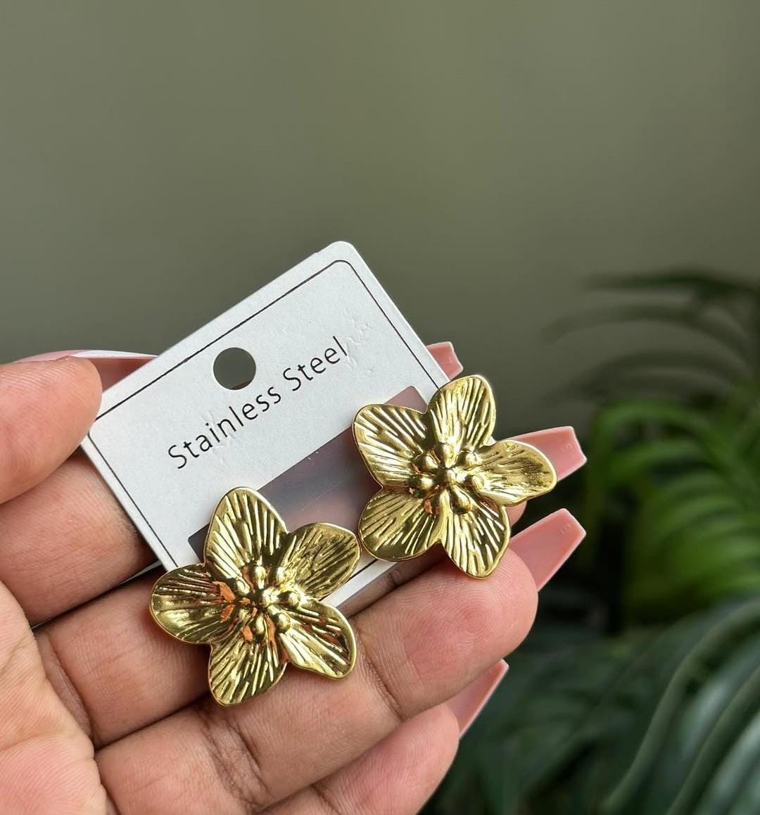 Textured Gold Flower Statement Earrings
