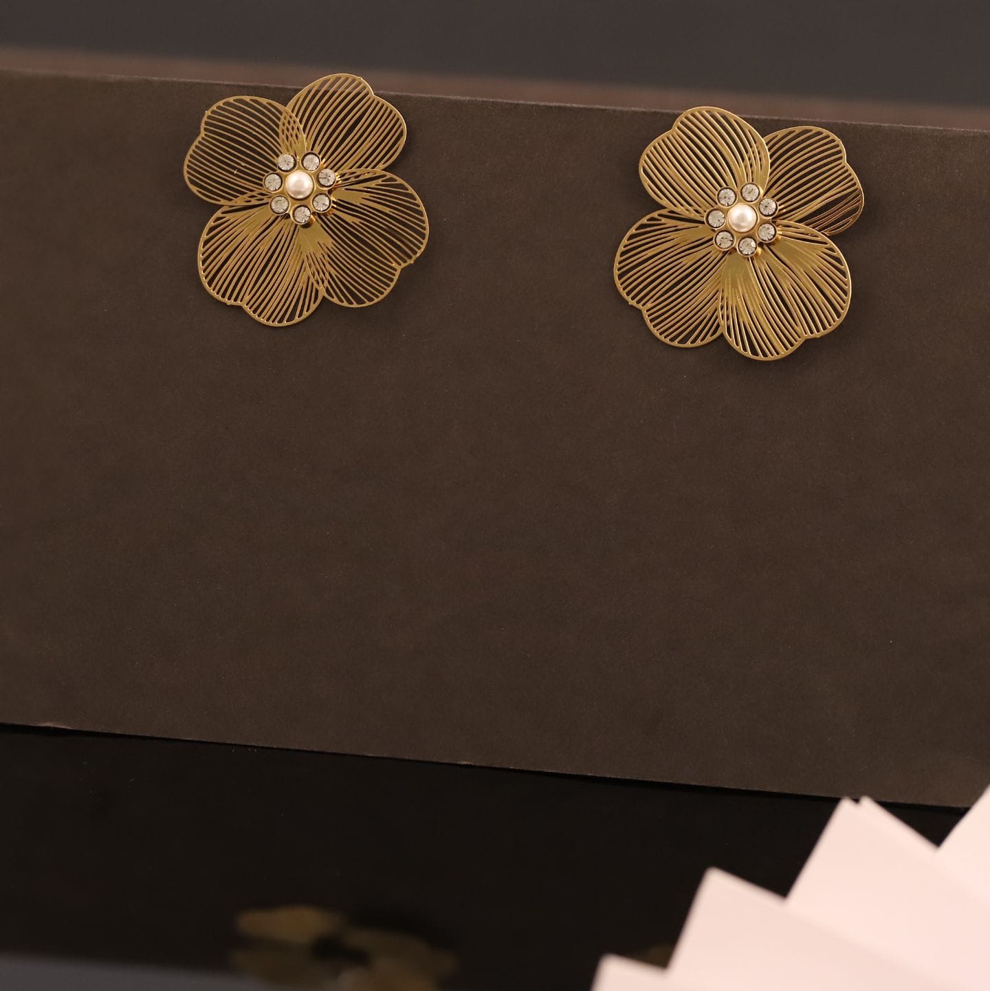 Gold Filigree Flower & Pearl Stud Earrings