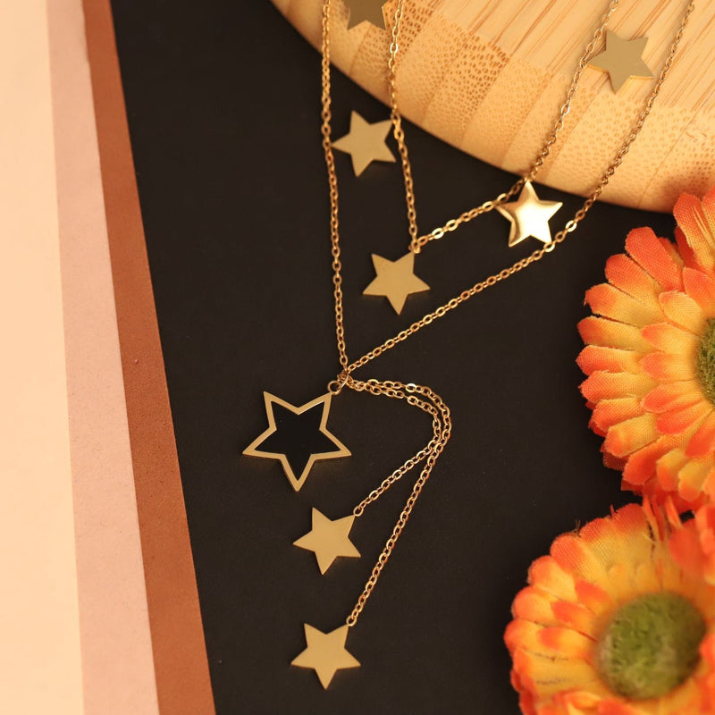 Layered Gold Star Necklace with Black Enamel