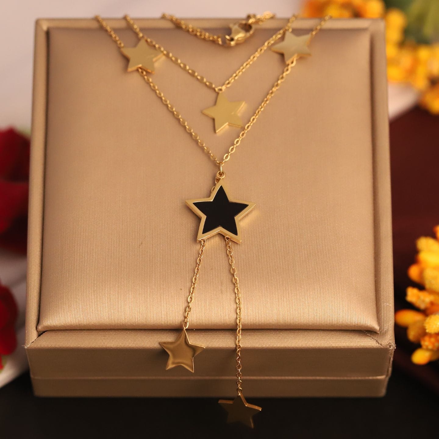 Layered Gold Star Necklace with Black Enamel