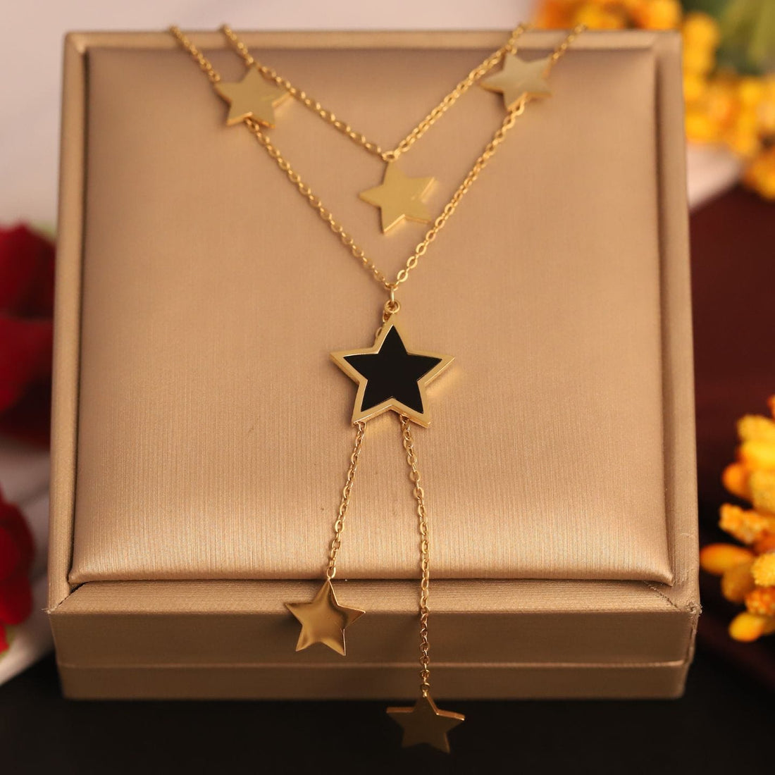 Layered Gold Star Necklace with Black Enamel