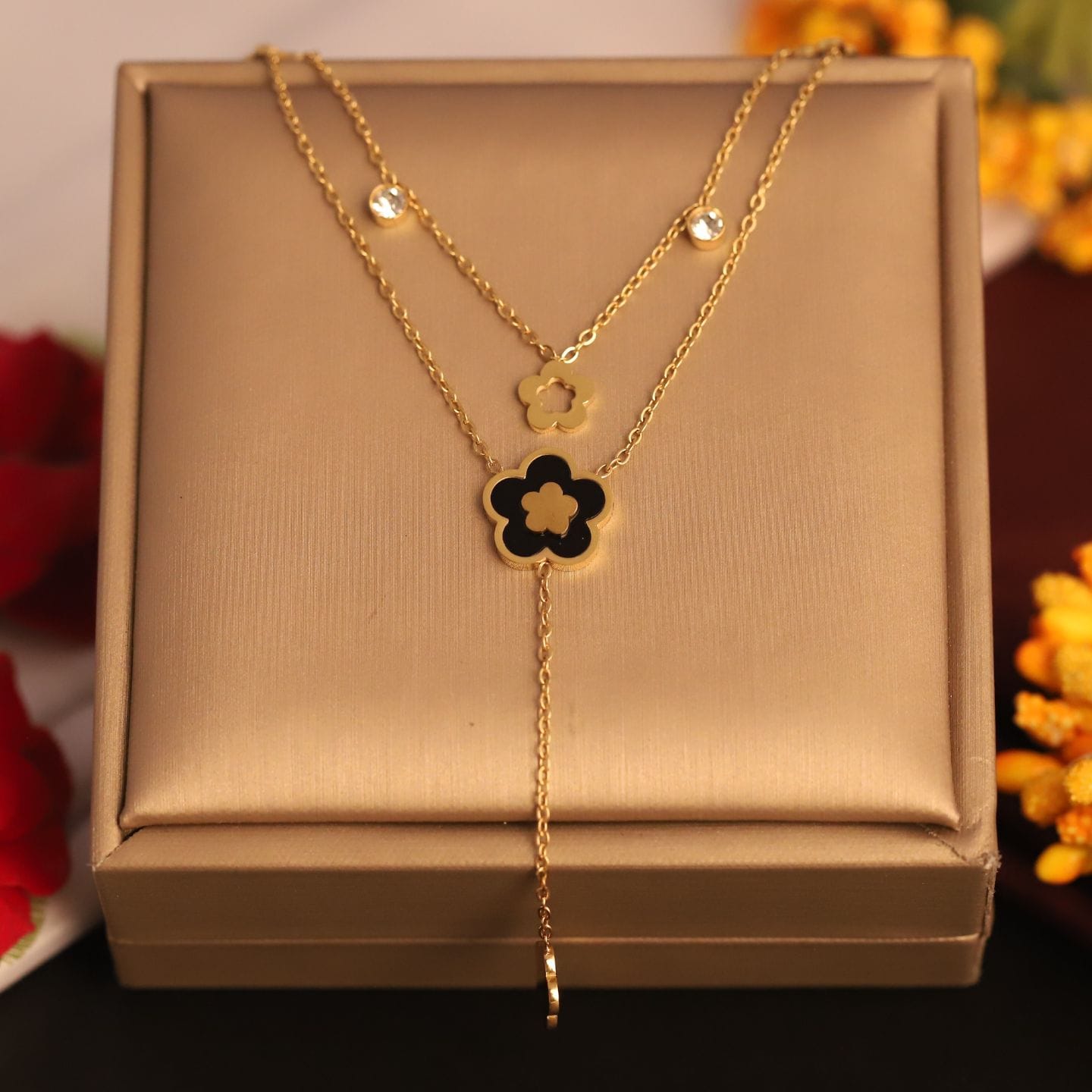 Layered Gold Clover Necklace with Black Enamel
