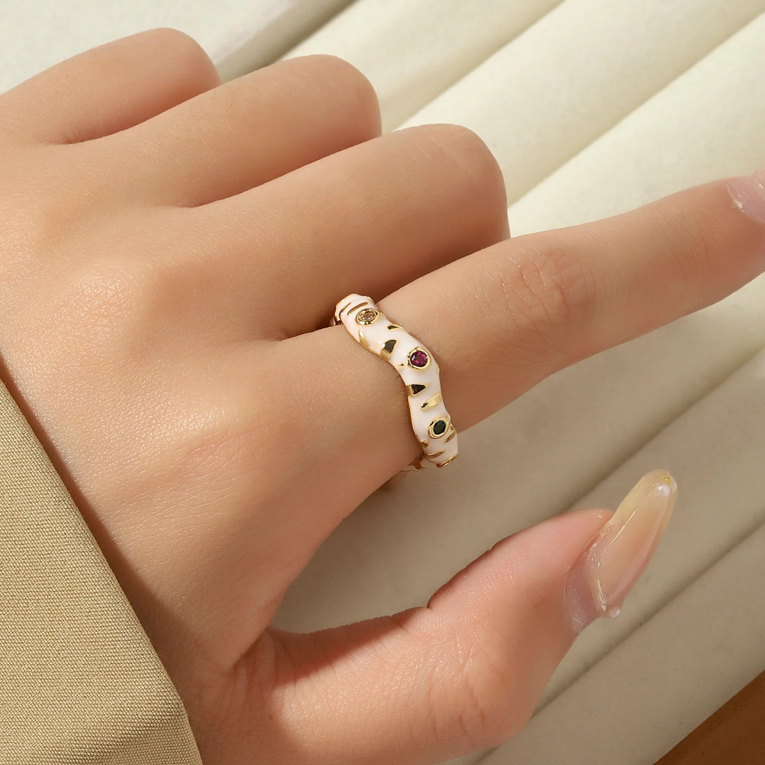 Gold & White Enamel Multi-Crystal Ring