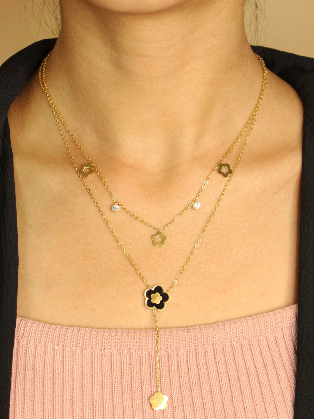 Layered Gold Clover Necklace with Black Enamel