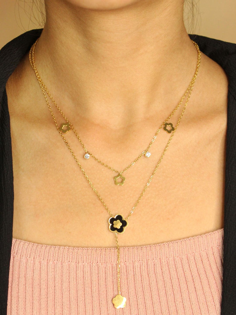 Layered Gold Clover Necklace with Black Enamel