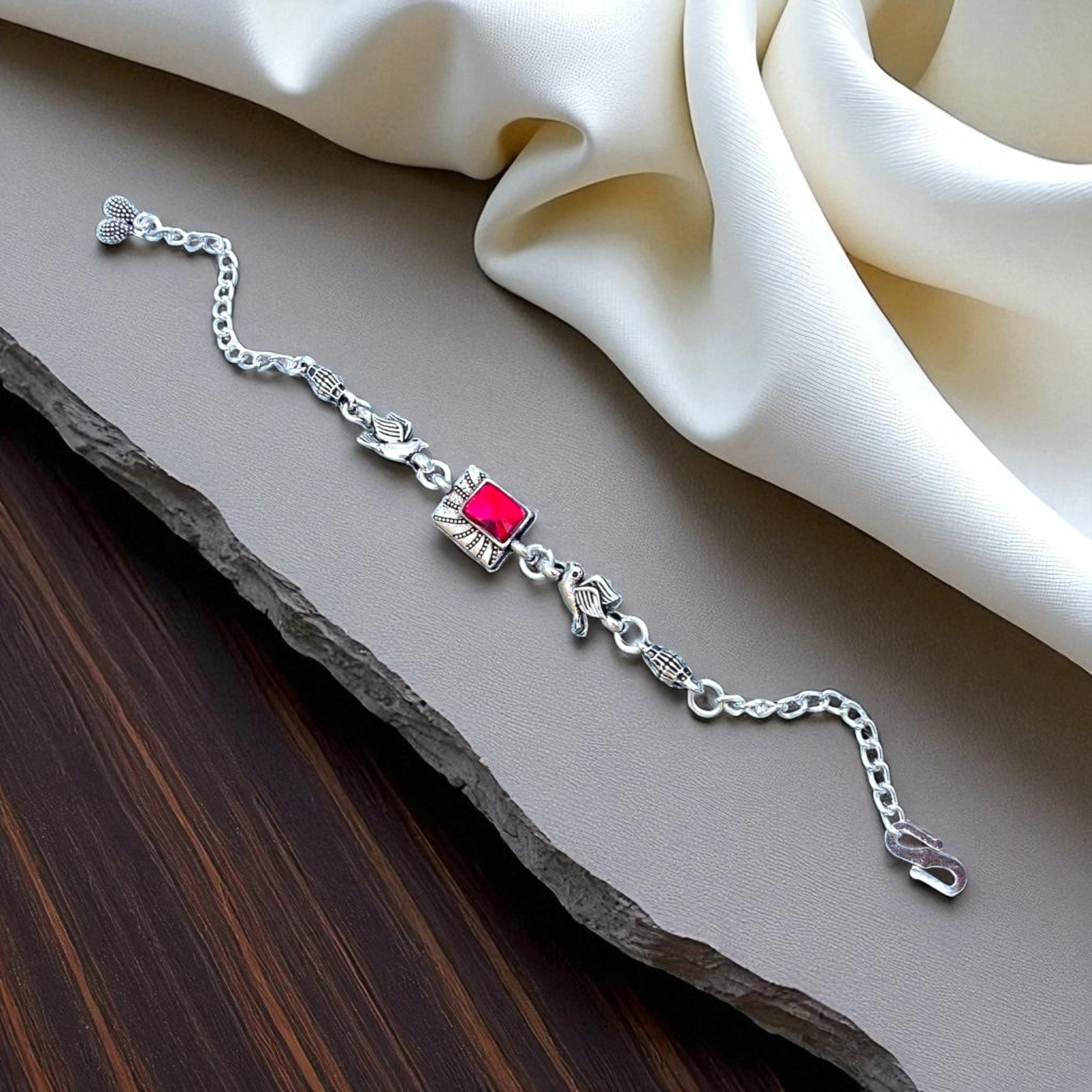 Silver Bracelet with Pink Stone Charm – Stylish Adjustable Jewelry for Women