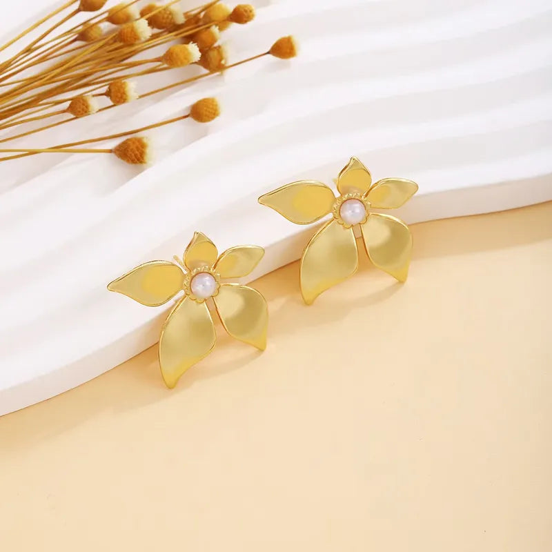 Gold & Pearl Flower Stud Earrings