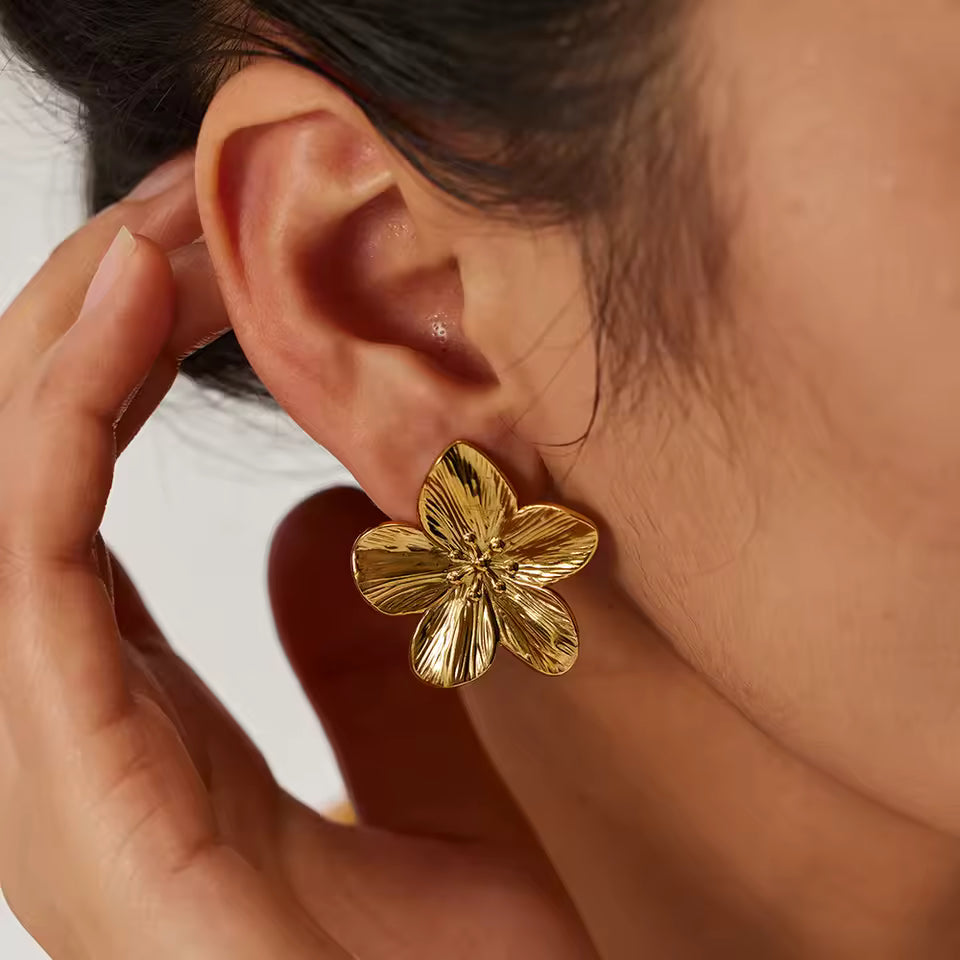 Textured Gold Flower Statement Earrings