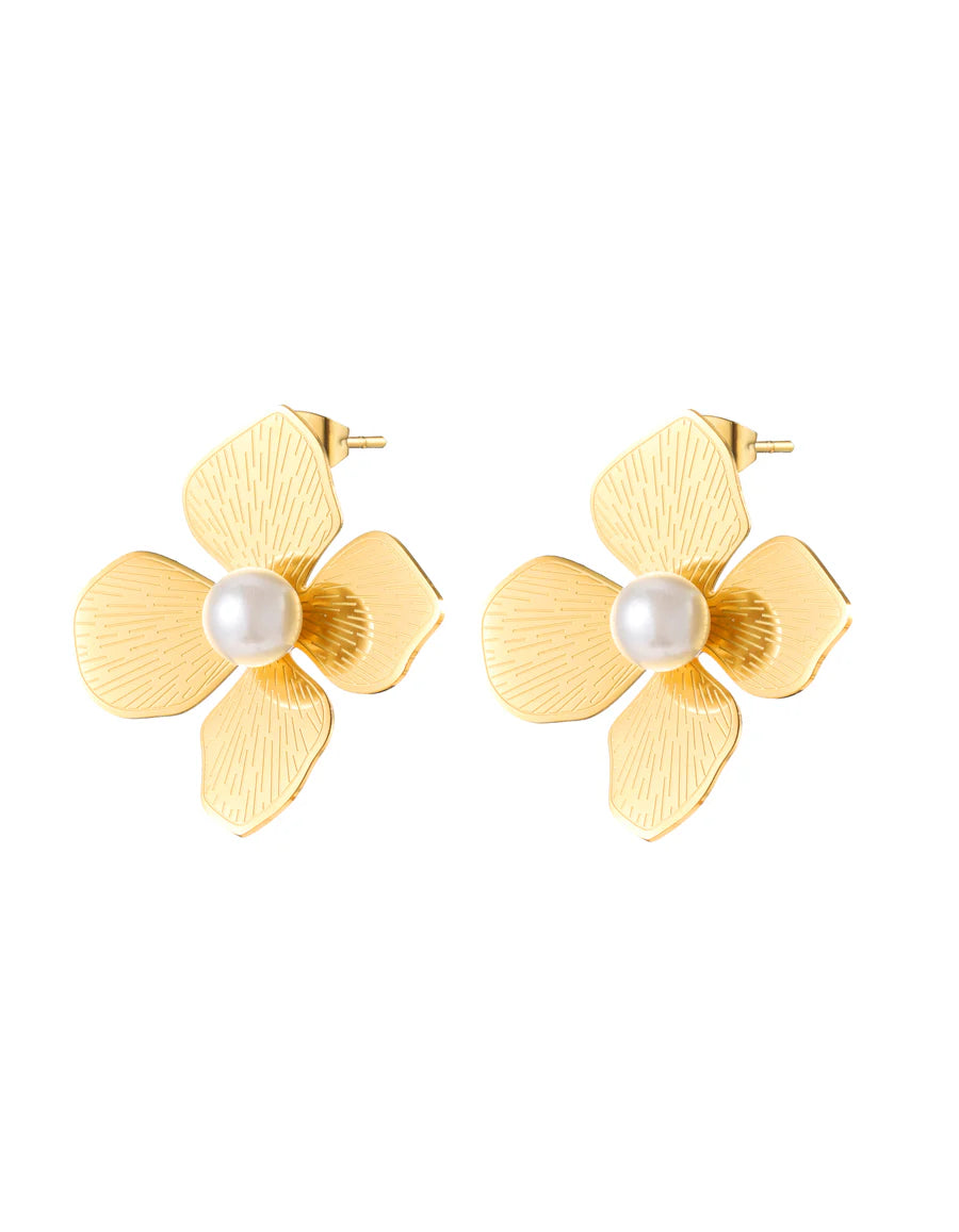 Mixed Texture Gold Flower & Pearl Earrings