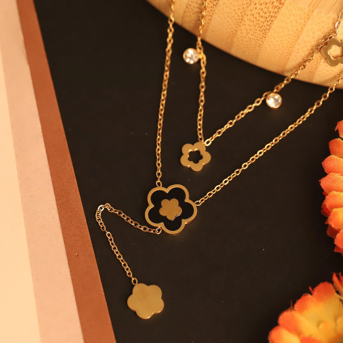 Layered Gold Clover Necklace with Black Enamel