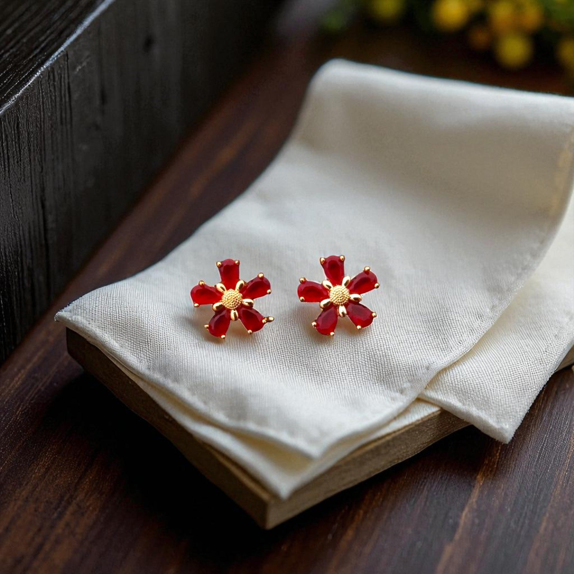 Red Flower Stud Earrings for Women – Gold-Plated Floral Jewelry