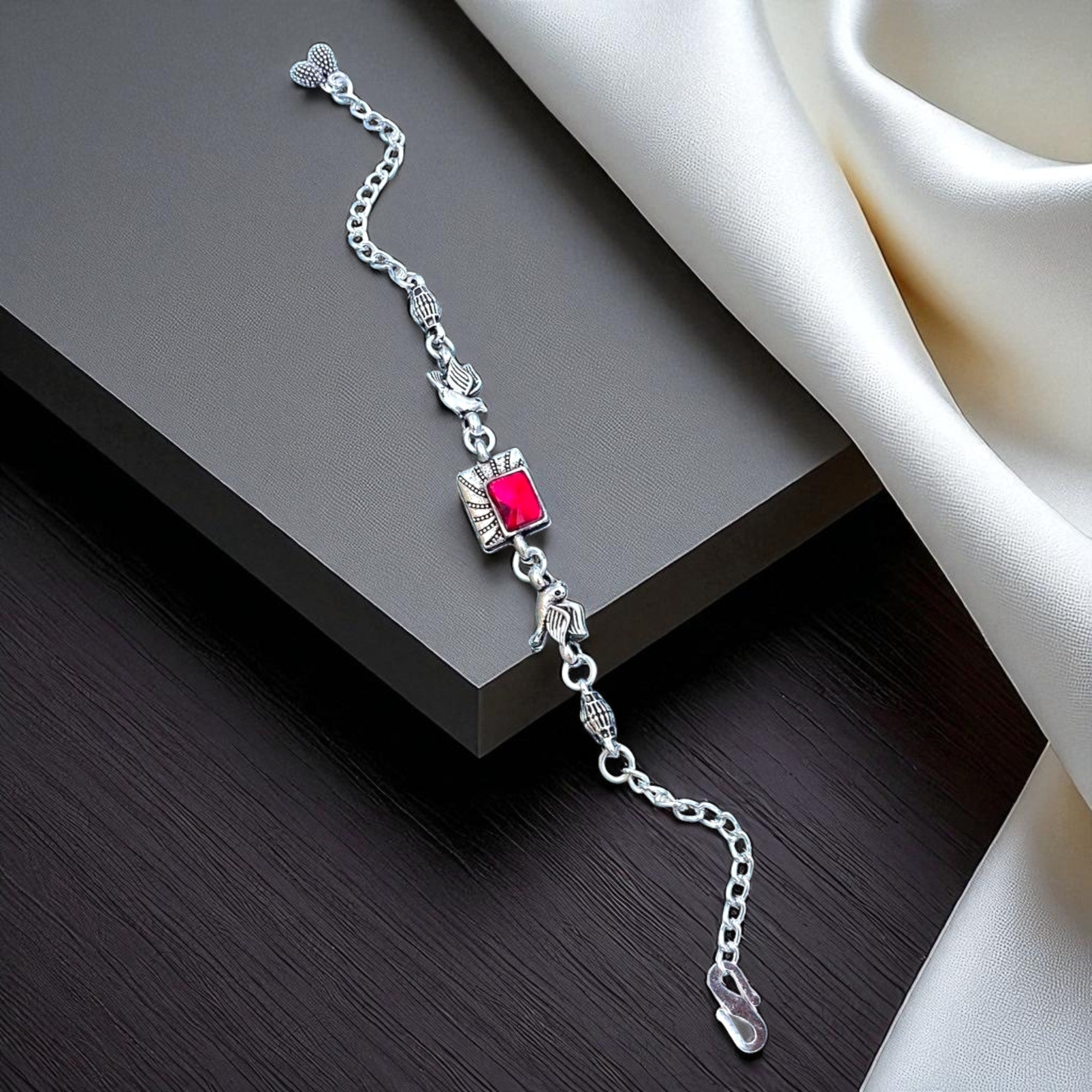 Silver Bracelet with Pink Stone Charm – Stylish Adjustable Jewelry for Women