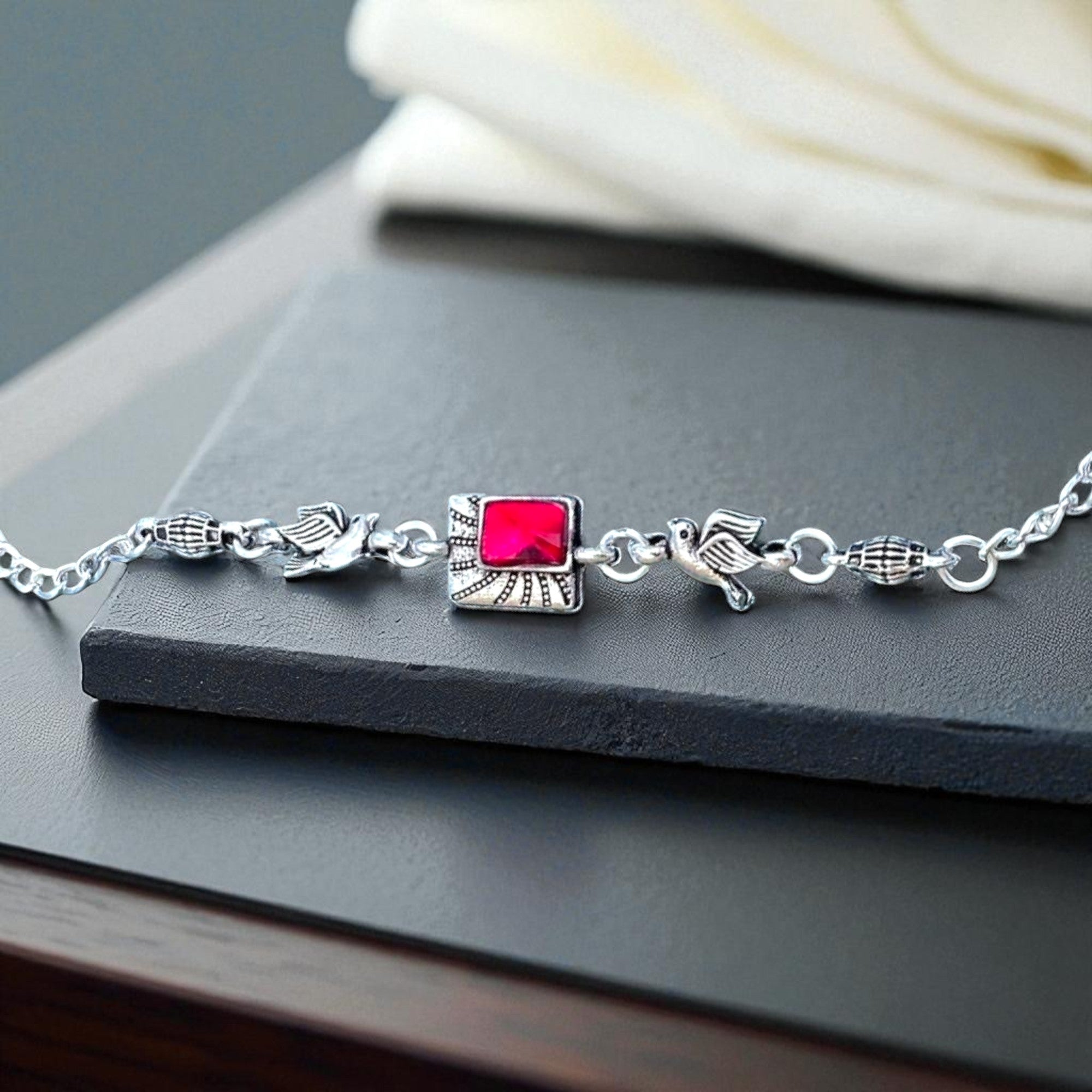 Silver Bracelet with Pink Stone Charm – Stylish Adjustable Jewelry for Women
