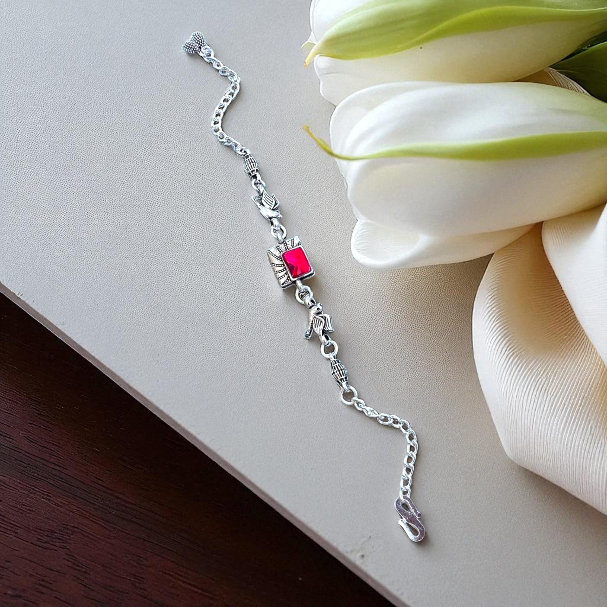 Silver Bracelet with Pink Stone Charm – Stylish Adjustable Jewelry for Women