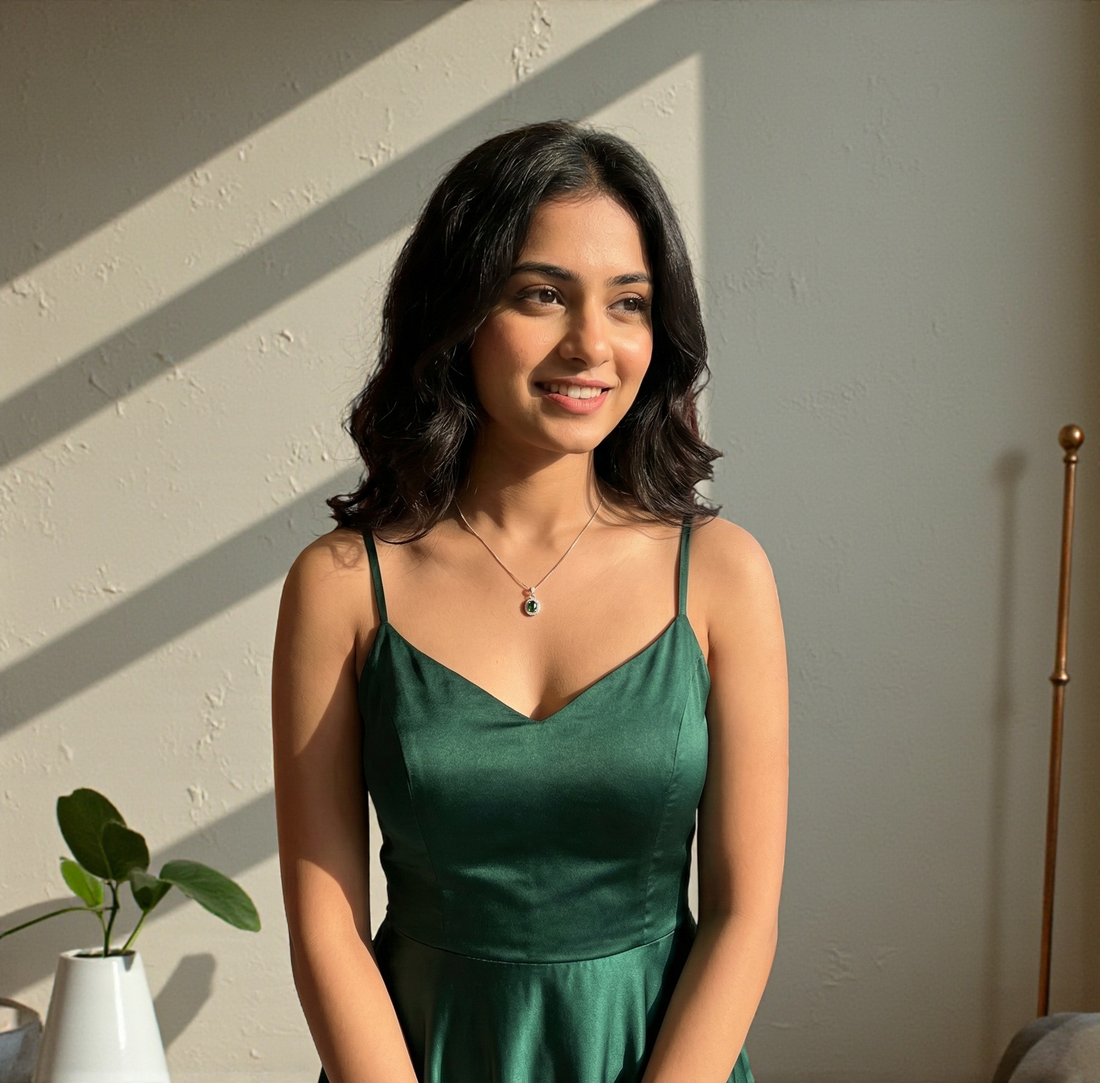 Korean Style Aesthetic Green Stone Pendant Necklace for Girls | Silver Plated Chain