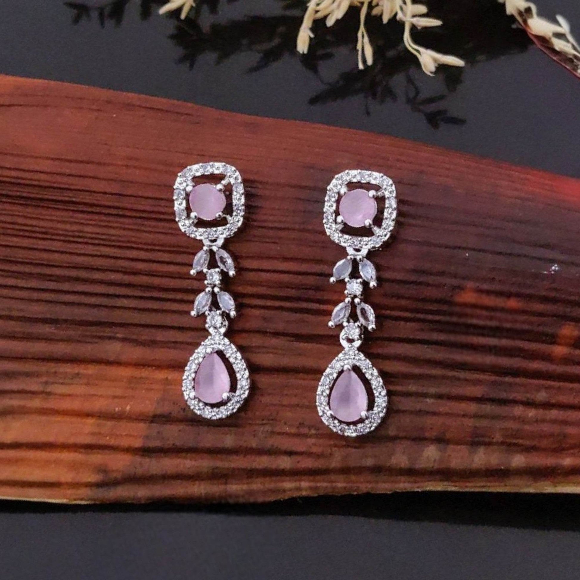 Elegant Pink Gemstone Drop Earrings with Sparkling Accents for Women - Prestalla