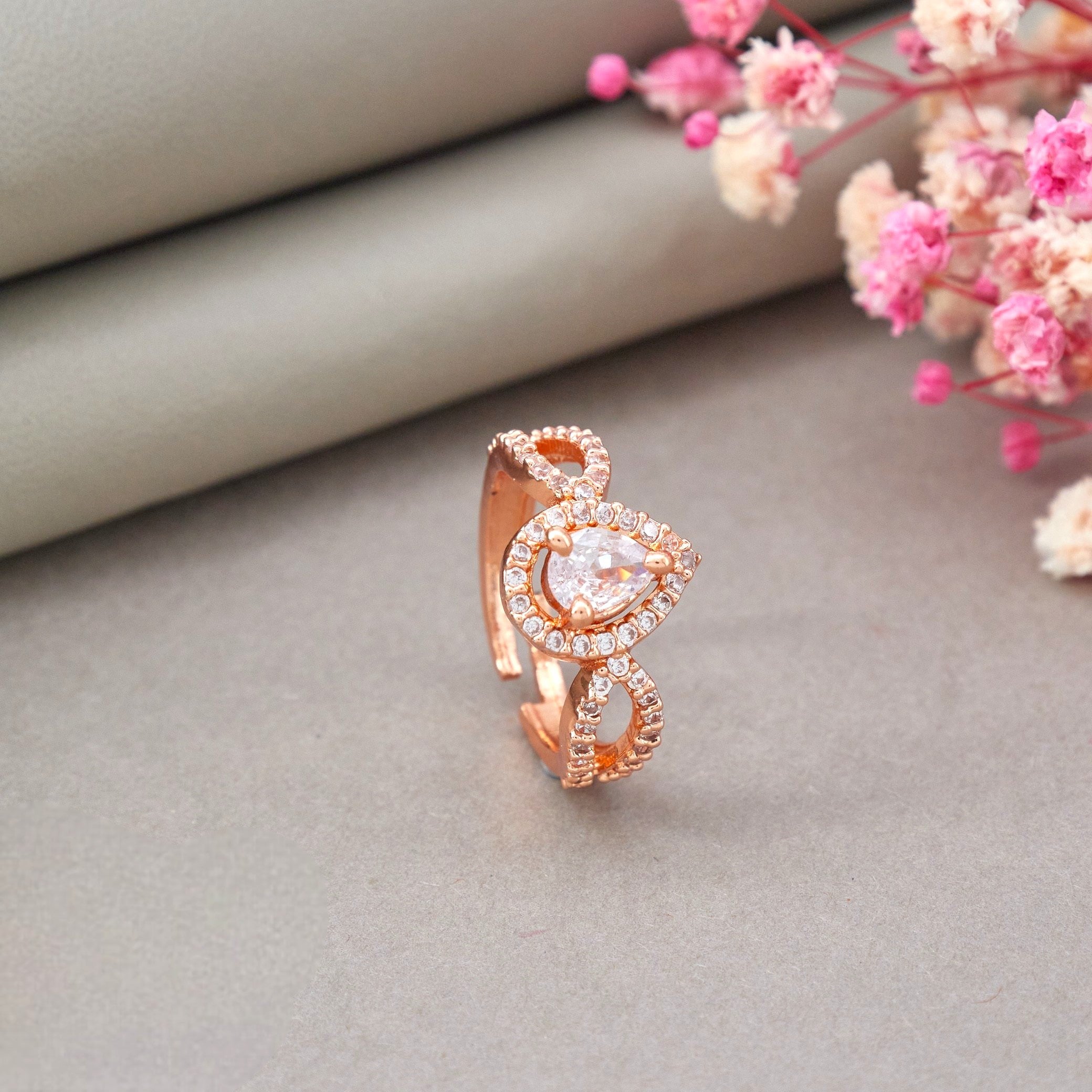 Elegant Rose-Gold Adjustable Ring with Teardrop Crystal for Women