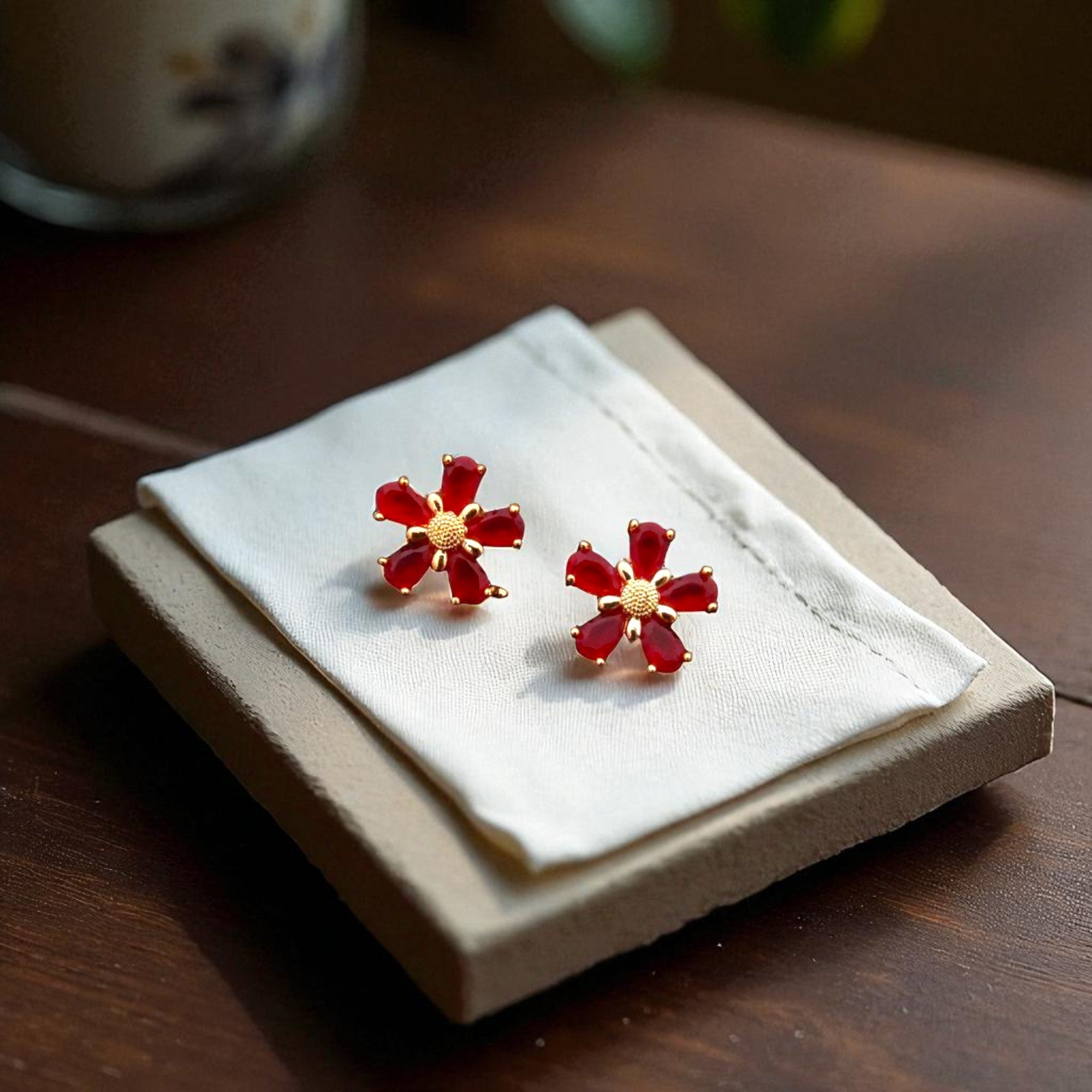 Red Flower Stud Earrings for Women – Gold-Plated Floral Jewelry