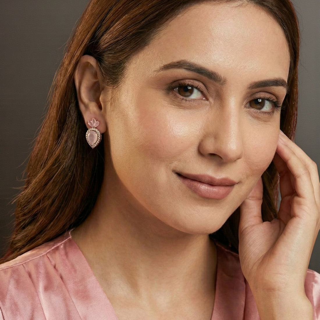 Elegant Pink Teardrop Stud Earrings for Women – Gold Plated Crystal Stone Earrings