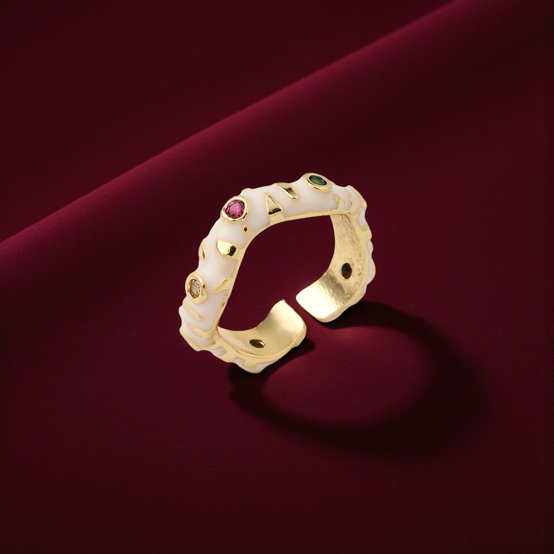 Gold & White Enamel Multi-Crystal Ring