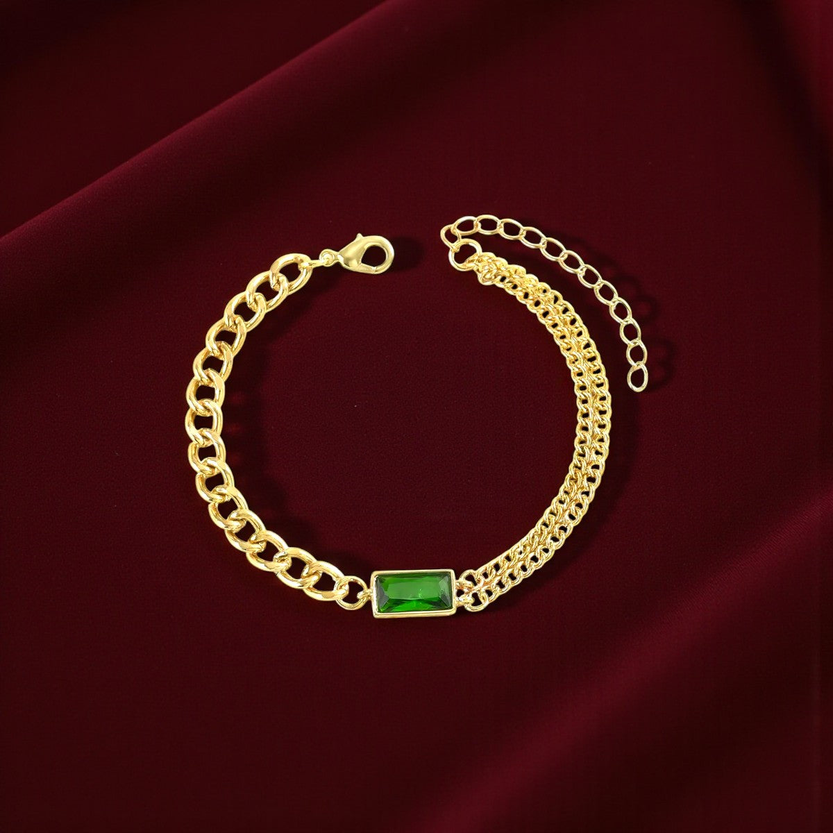 Gold & Emerald Green Stone Mixed-Chain Bracelet