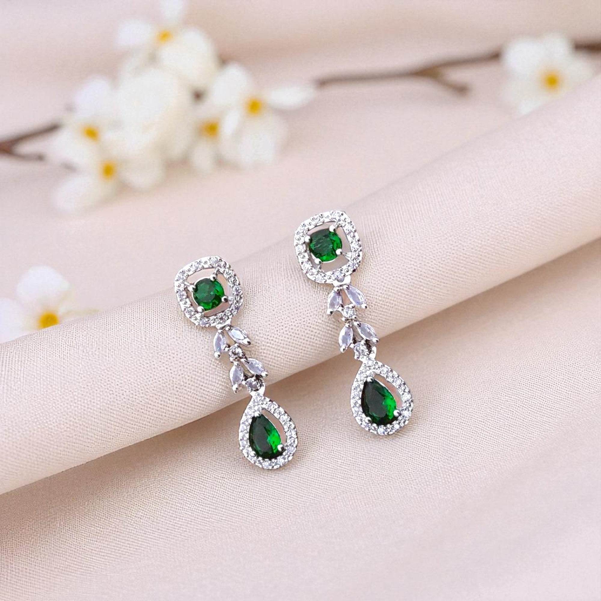 Elegant Green Gemstone Drop Earrings with Sparkling Accents for Women