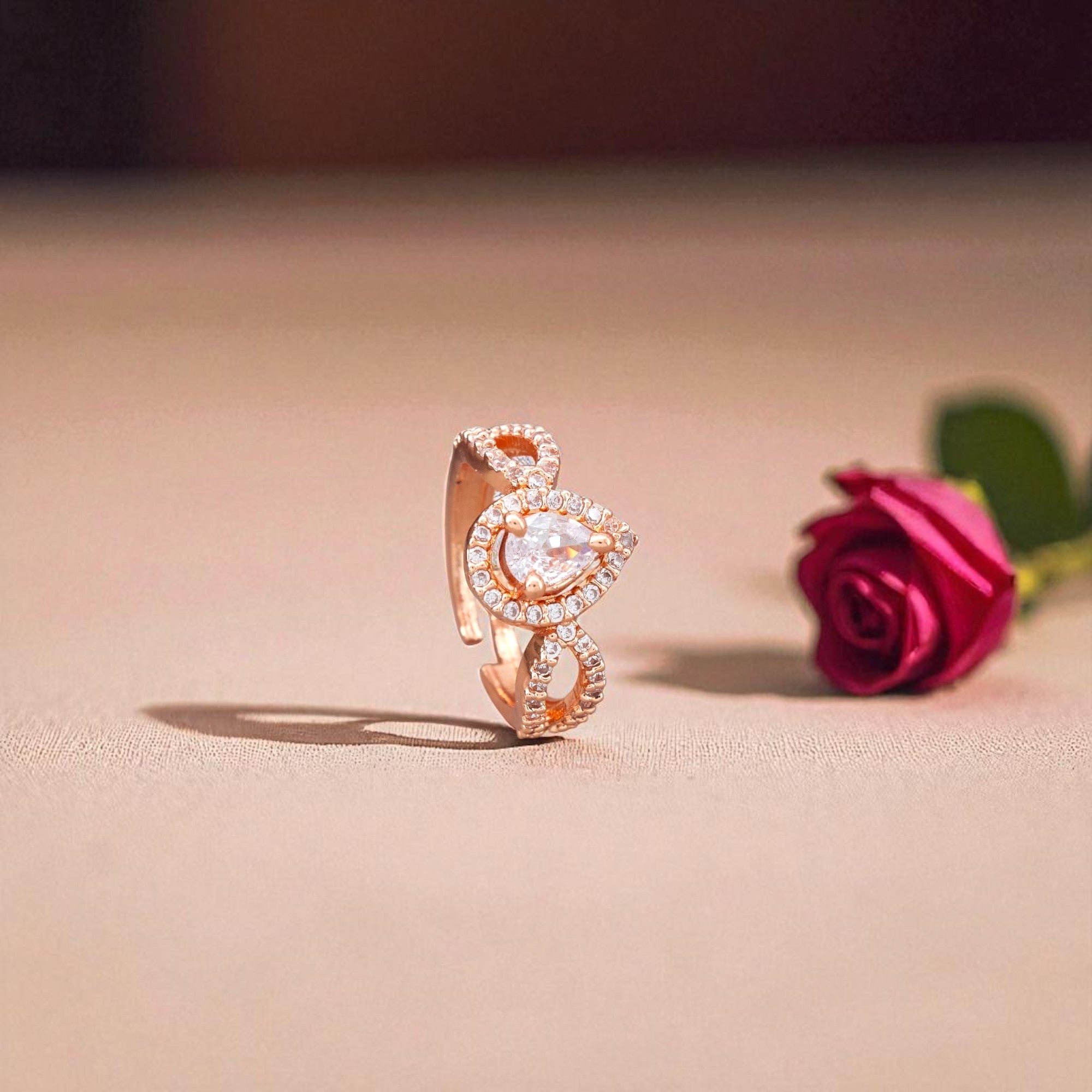Elegant Rose-Gold Adjustable Ring with Teardrop Crystal for Women