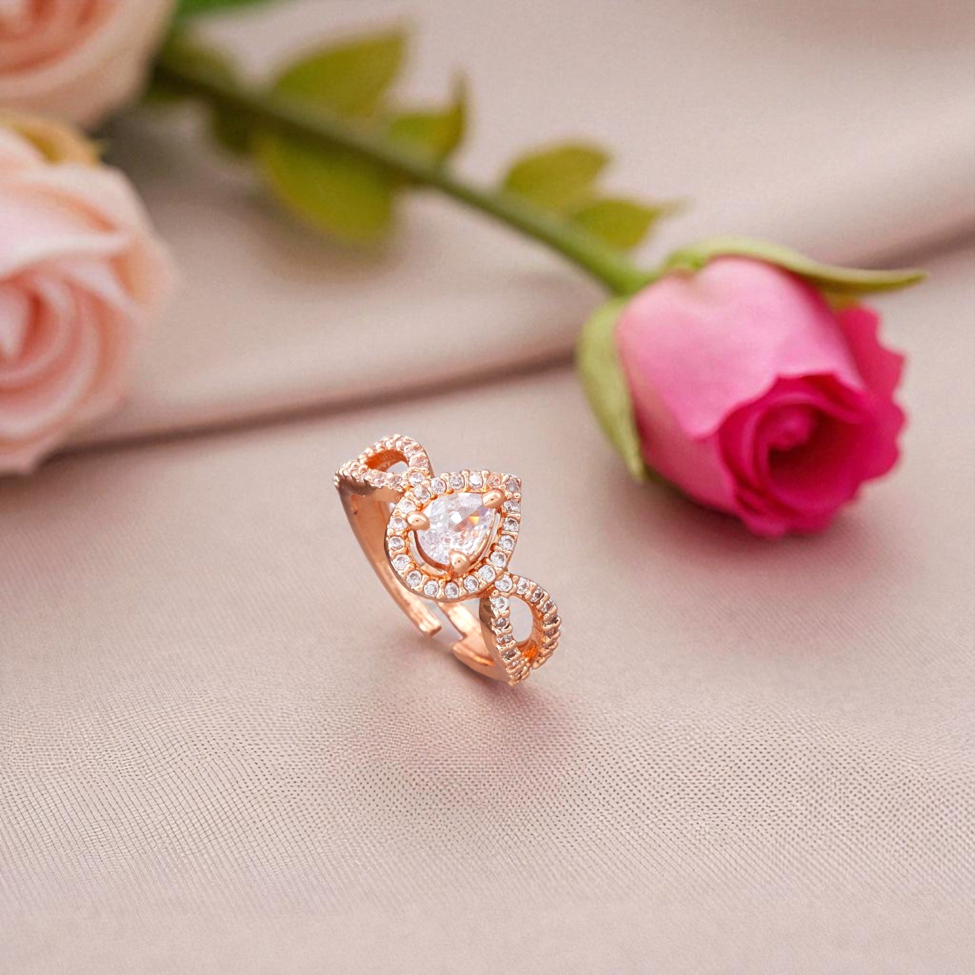 Elegant Rose-Gold Adjustable Ring with Teardrop Crystal for Women