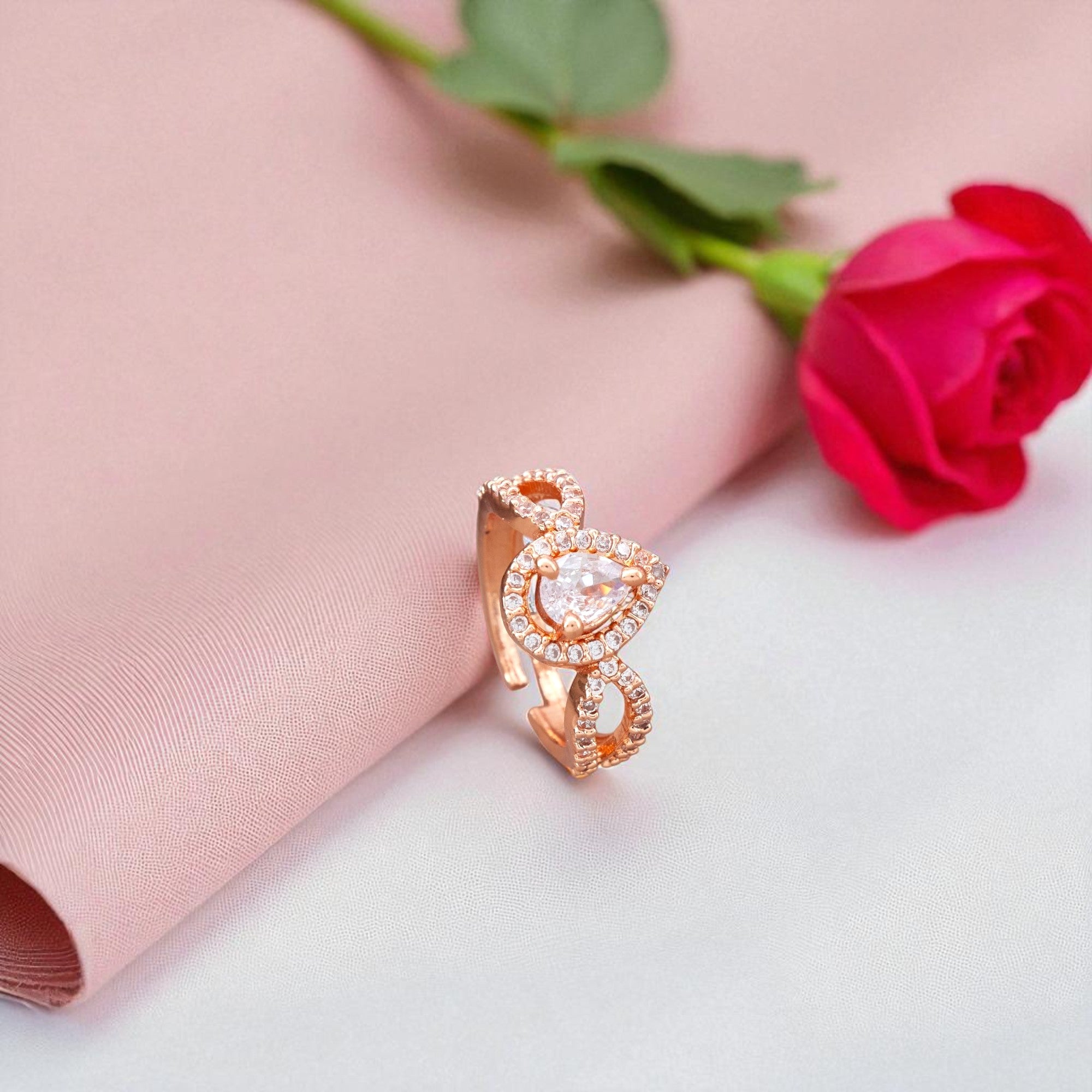 Elegant Rose-Gold Adjustable Ring with Teardrop Crystal for Women