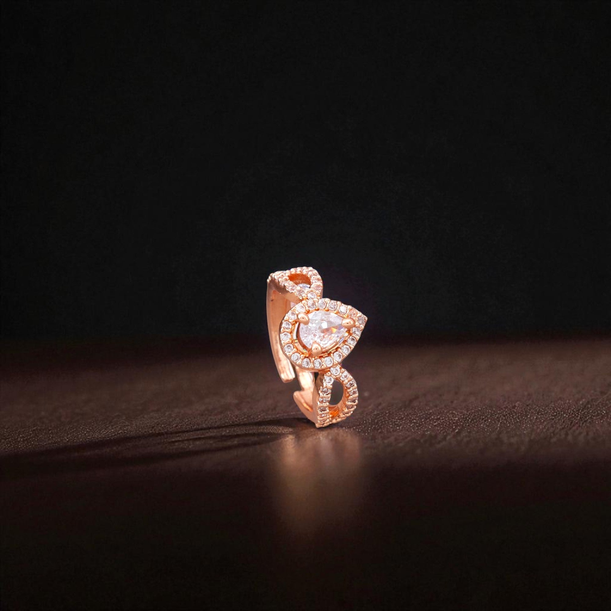 Elegant Rose-Gold Adjustable Ring with Teardrop Crystal for Women