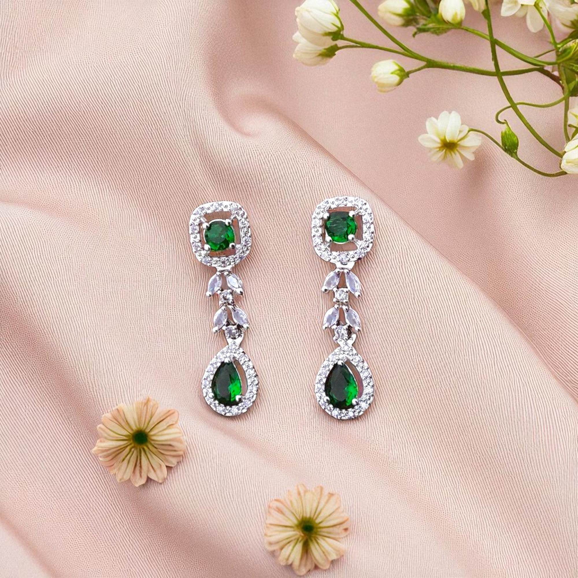 Elegant Green Gemstone Drop Earrings with Sparkling Accents for Women