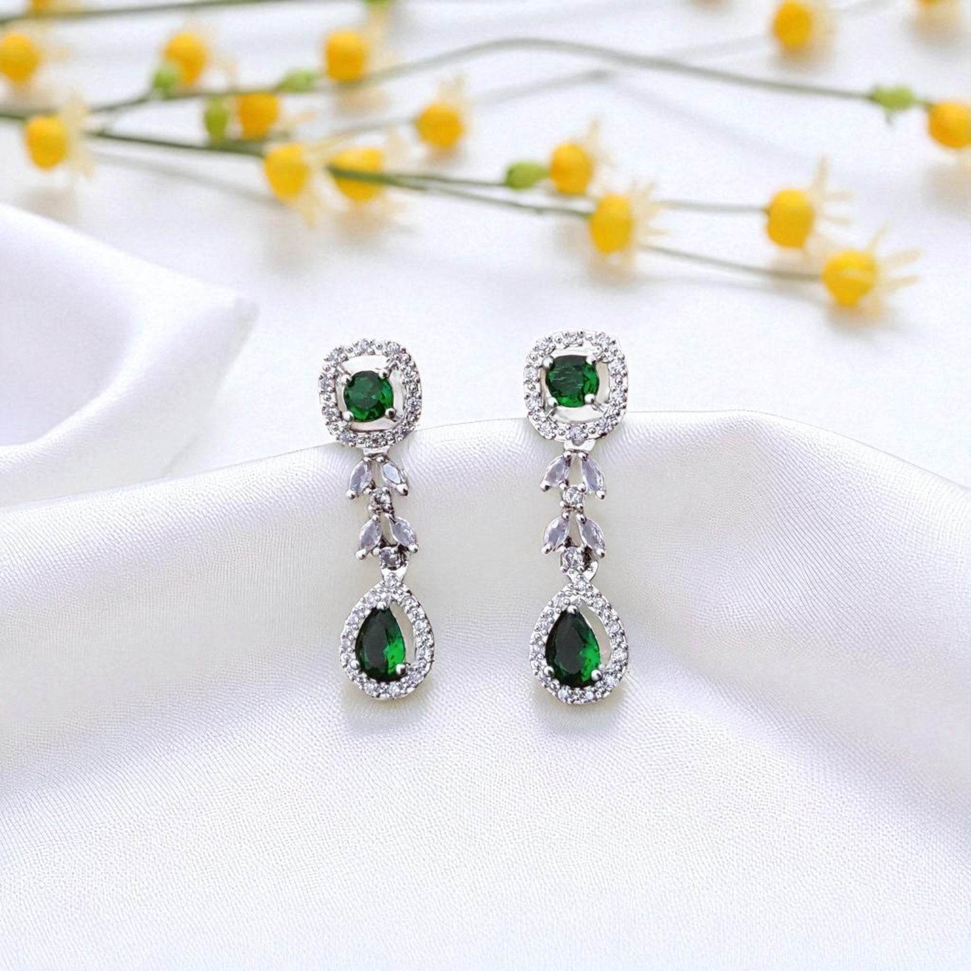 Elegant Green Gemstone Drop Earrings with Sparkling Accents for Women