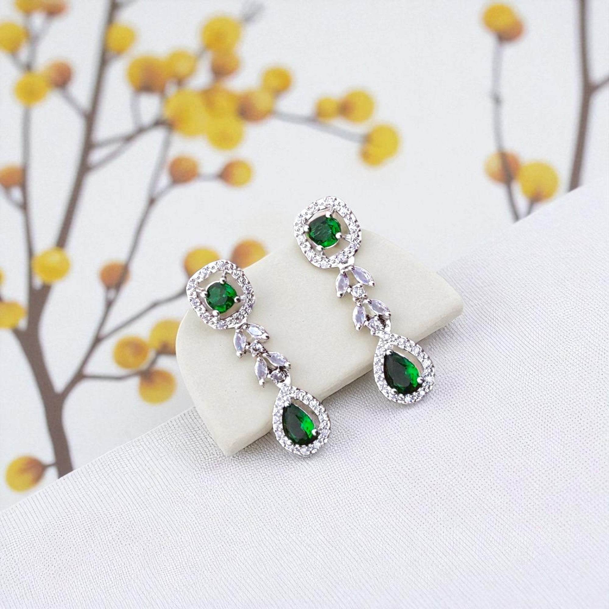 Elegant Green Gemstone Drop Earrings with Sparkling Accents for Women